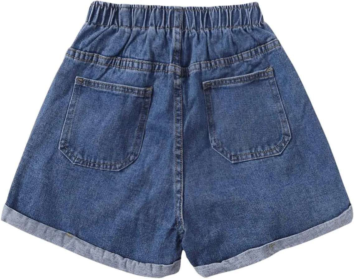 SOLY HUX Women's Denim Shorts Elastic High Waisted Straight Leg Casual Summer Jeans Shorts