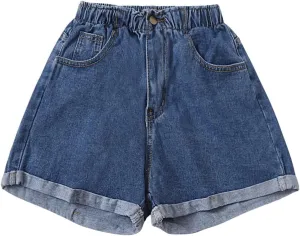 SOLY HUX Women's Denim Shorts Elastic High Waisted Straight Leg Casual Summer Jeans Shorts