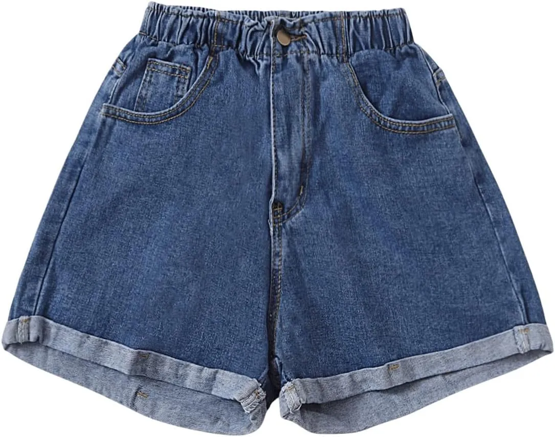 SOLY HUX Women's Denim Shorts Elastic High Waisted Straight Leg Casual Summer Jeans Shorts