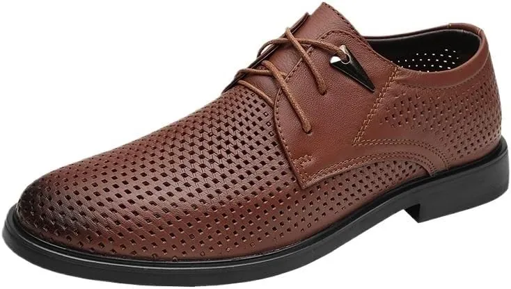 Summer Breathable Mens Leather Shoes Everyday Low Top Non Slip Walking Classic Lace-up Office Oxford