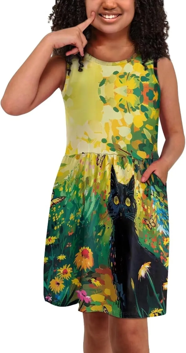 Summer Dresses for Girls 2-14 Girls Dresses Crewneck Sleeveless Sundress Beach Party Midi Dress Kids School