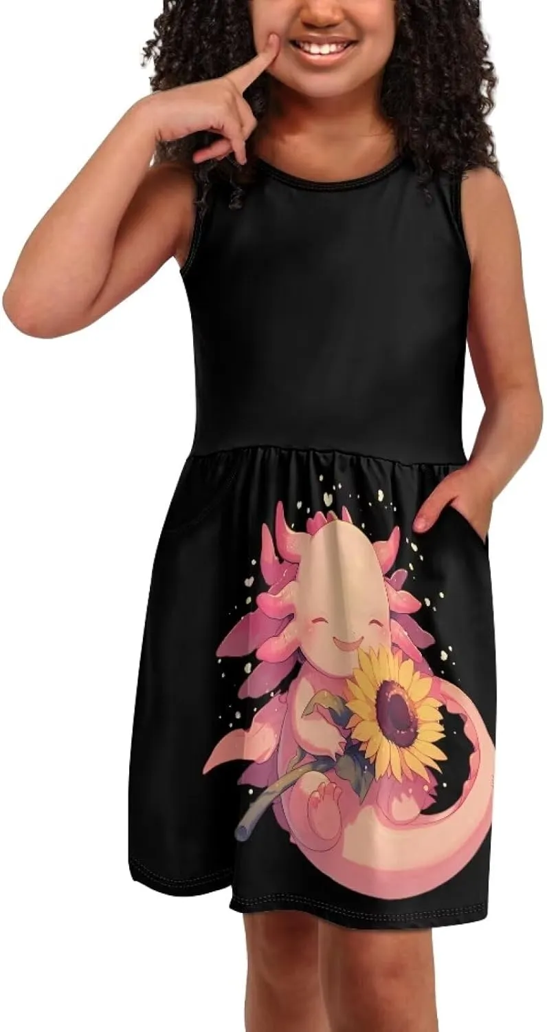 Summer Dresses for Girls 2-14 Girls Dresses Crewneck Sleeveless Sundress Beach Party Midi Dress Kids School