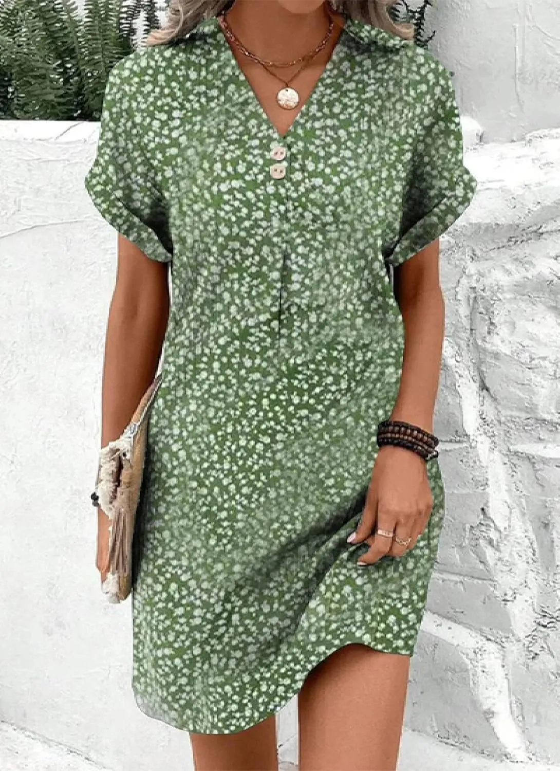 Summer Dresses for Women 2025 Floral Boho Pleated Button V Neck Short Sleeve Shift Short Dress Beach Vacation Dress