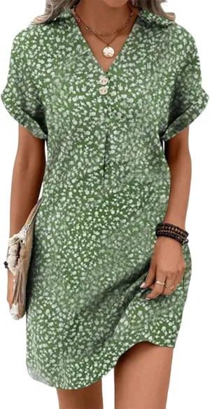Summer Dresses for Women Dressy Green Floral Button V Neck Short Sleeve Casual Shift Midi Dresses Beach Vacation Outfits