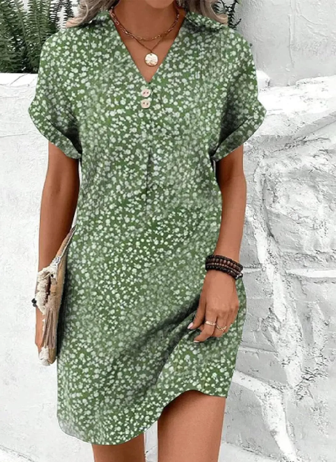 Summer Dresses for Women Dressy Green Floral Button V Neck Short Sleeve Casual Shift Midi Dresses Beach Vacation Outfits
