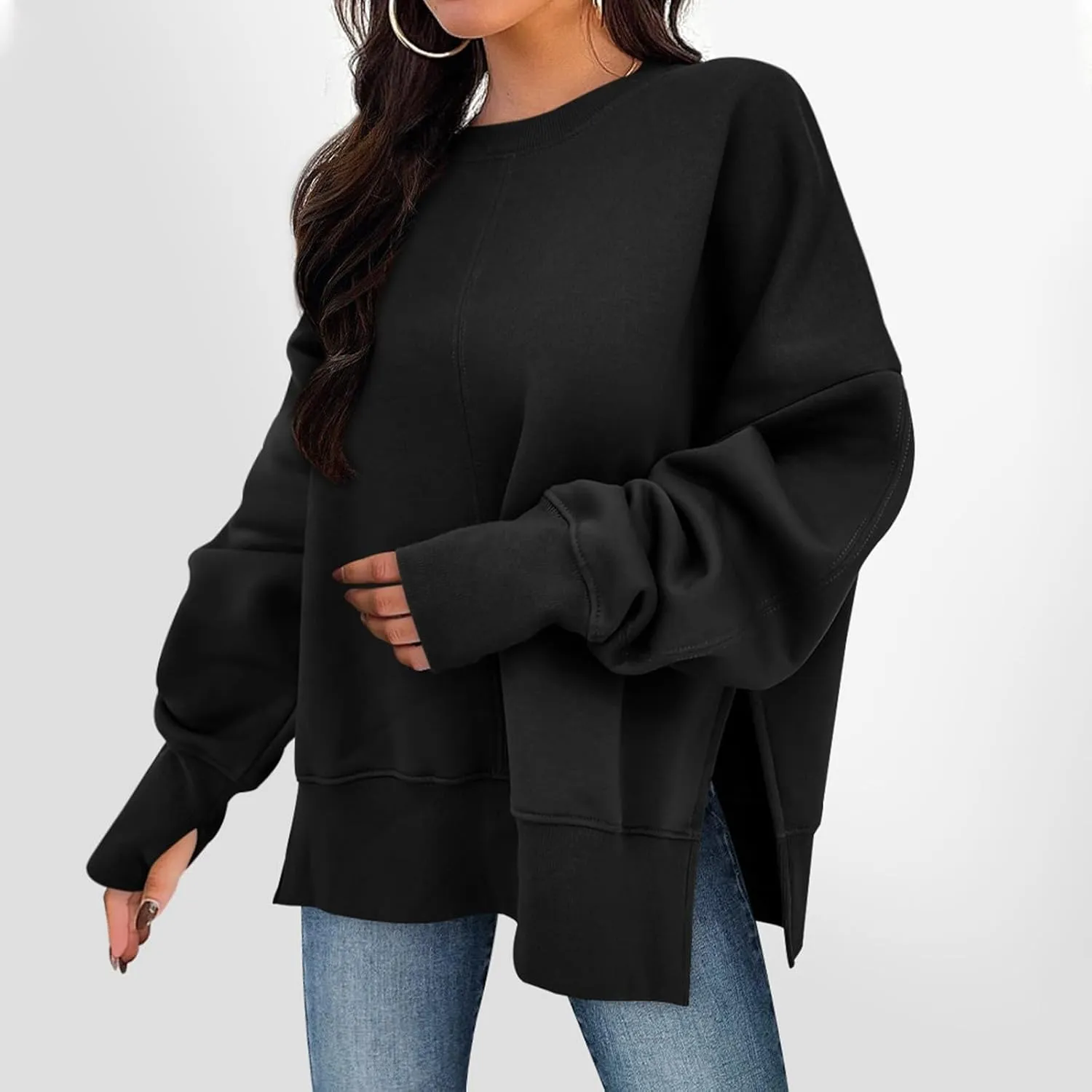 Sweaters for Women Oversized Sweatshirt Side Split Crewneck Pullover Hoodie with Thumb Hole