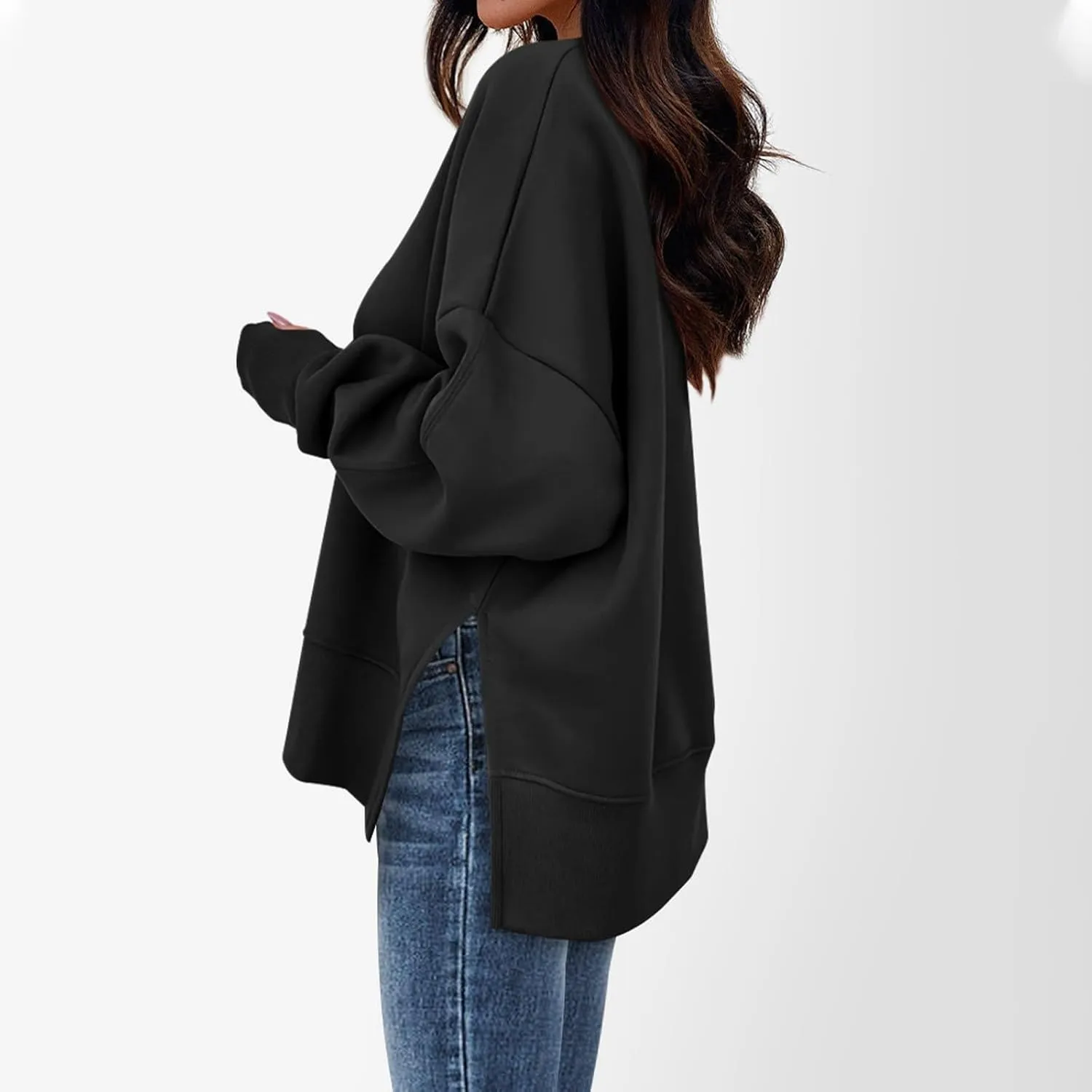 Sweaters for Women Oversized Sweatshirt Side Split Crewneck Pullover Hoodie with Thumb Hole