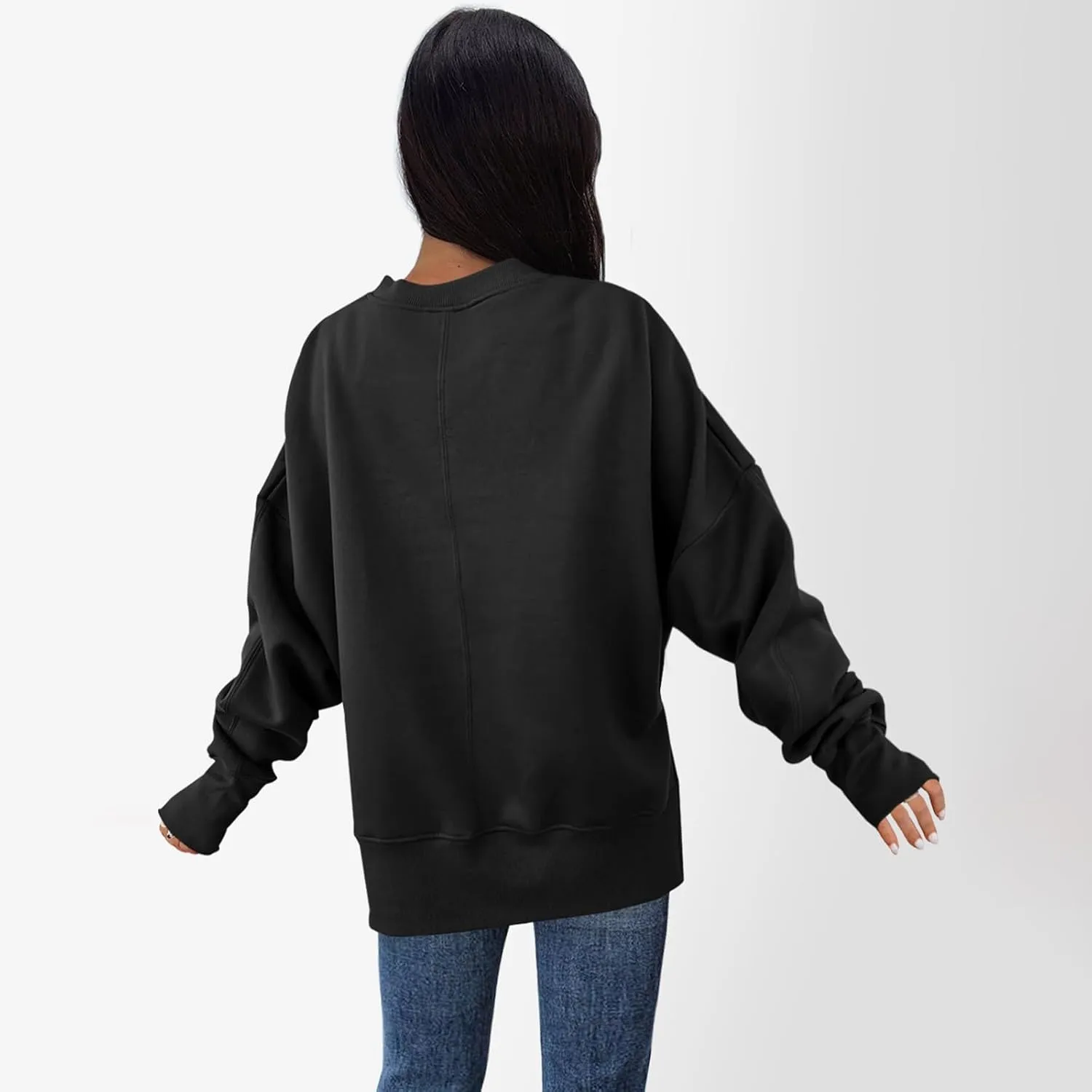 Sweaters for Women Oversized Sweatshirt Side Split Crewneck Pullover Hoodie with Thumb Hole
