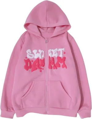 SweatyRocks Girl's Letter Graphic Print Full Zip Fleece Hoodie Casual Long Sleeve Sweatshirt Cute Jacket with Pocket
