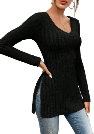 SweatyRocks Women's Casual Long Sleeve V Neck Split Hem Tee Top Basic Ribbed Knit Slim Fit T-Shirts