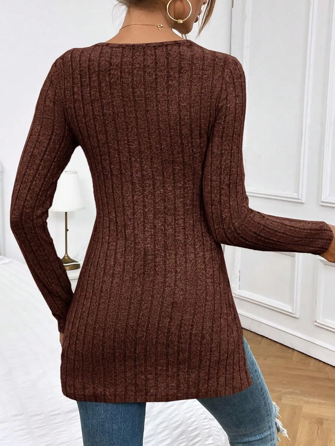 SweatyRocks Women's Casual Long Sleeve V Neck Split Hem Tee Top Basic Ribbed Knit Slim Fit T-Shirts