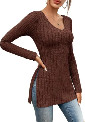 SweatyRocks Women's Casual Long Sleeve V Neck Split Hem Tee Top Basic Ribbed Knit Slim Fit T-Shirts