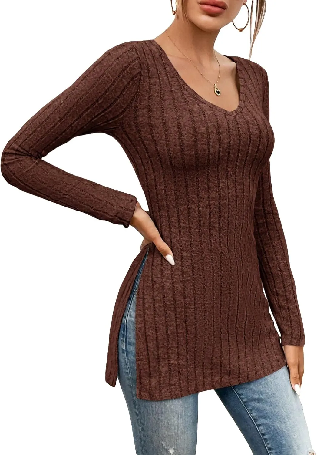SweatyRocks Women's Casual Long Sleeve V Neck Split Hem Tee Top Basic Ribbed Knit Slim Fit T-Shirts