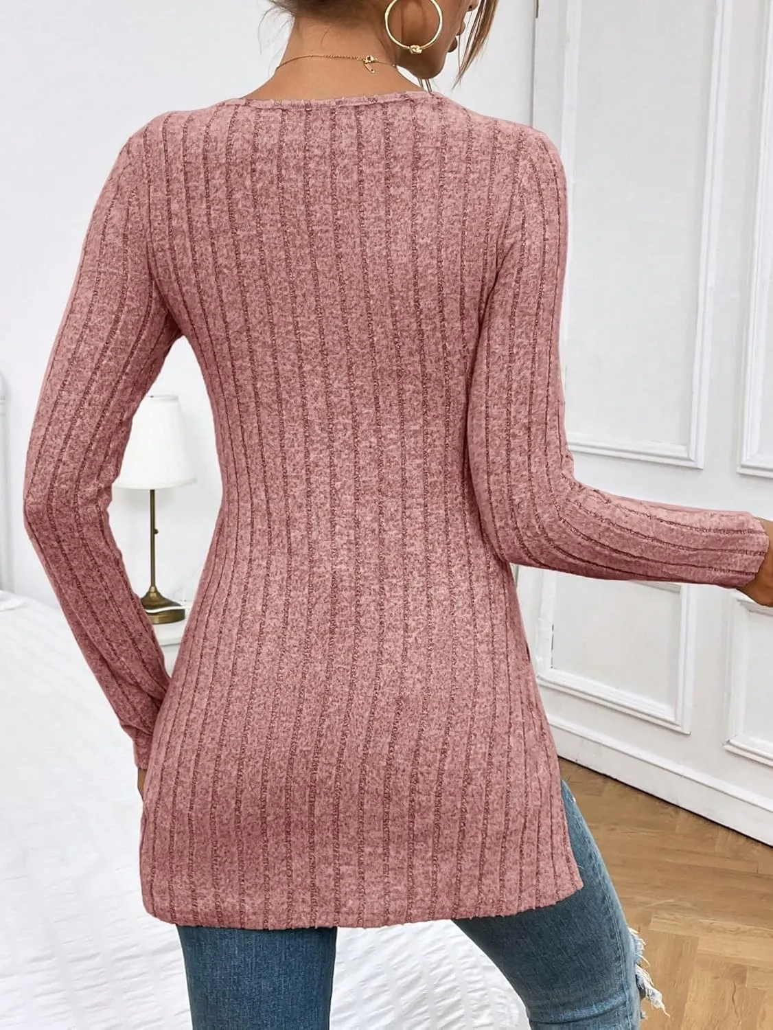 SweatyRocks Women's Casual Long Sleeve V Neck Split Hem Tee Top Basic Ribbed Knit Slim Fit T-Shirts