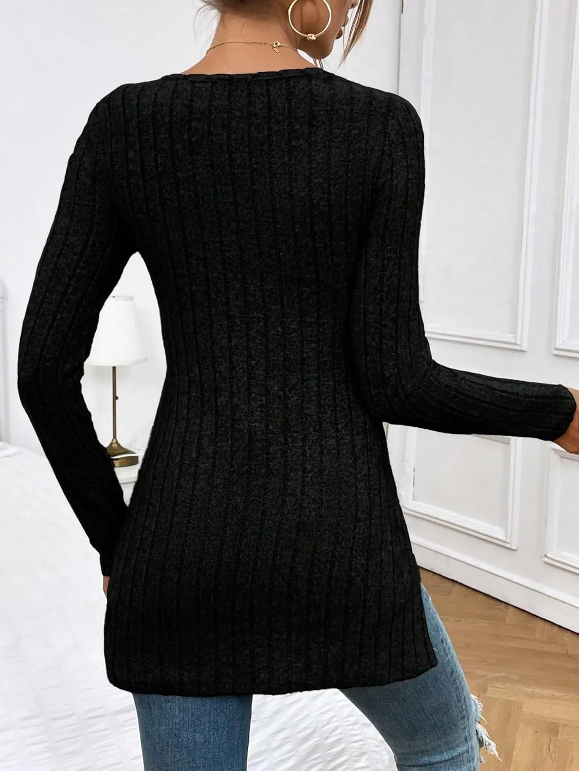 SweatyRocks Women's Casual Long Sleeve V Neck Split Hem Tee Top Basic Ribbed Knit Slim Fit T-Shirts