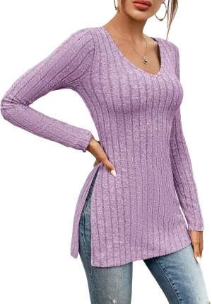 SweatyRocks Women's Casual Long Sleeve V Neck Split Hem Tee Top Basic Ribbed Knit Slim Fit T-Shirts