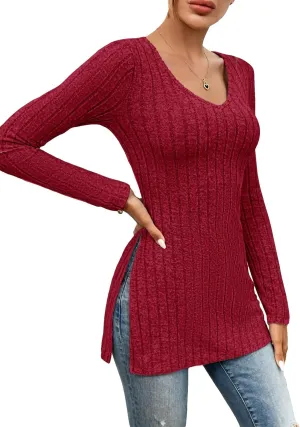 SweatyRocks Women's Casual Long Sleeve V Neck Split Hem Tee Top Basic Ribbed Knit Slim Fit T-Shirts