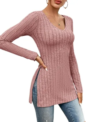 SweatyRocks Women's Casual Long Sleeve V Neck Split Hem Tee Top Basic Ribbed Knit Slim Fit T-Shirts
