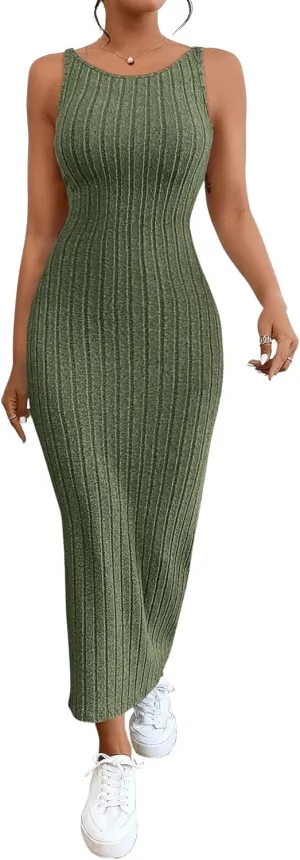 SweatyRocks Women's Sleeveless Ribbed Knit Tank Dress Backless Bodycon Maxi Dresses