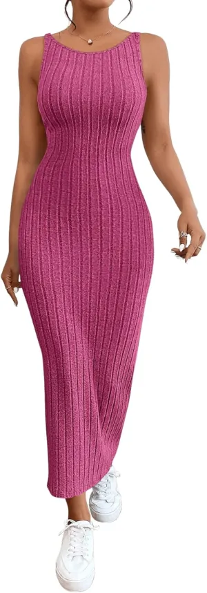 SweatyRocks Women's Sleeveless Ribbed Knit Tank Dress Backless Bodycon Maxi Dresses
