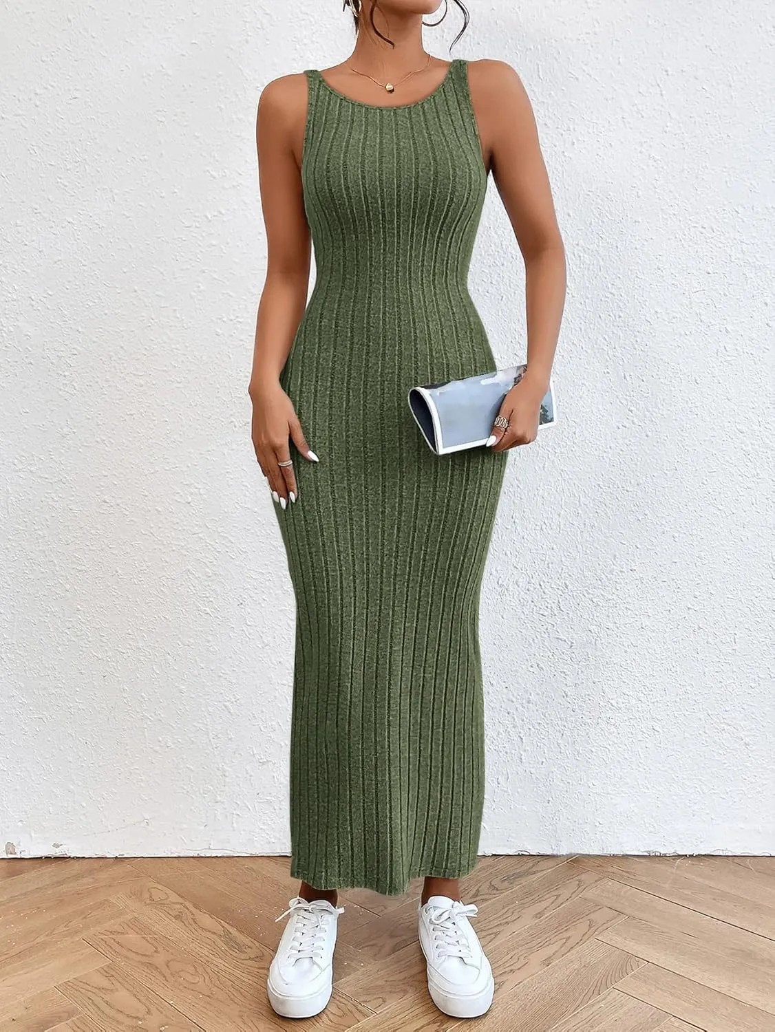 SweatyRocks Women's Sleeveless Ribbed Knit Tank Dress Backless Bodycon Maxi Dresses