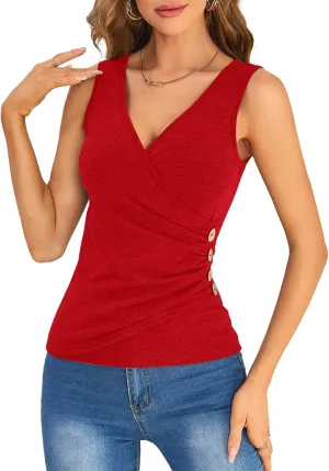 SweatyRocks Women's Wrap Ruched Tank Tops V-Neck Solid Button Design Slim Fit Casual Holiday Summer Tee Tops