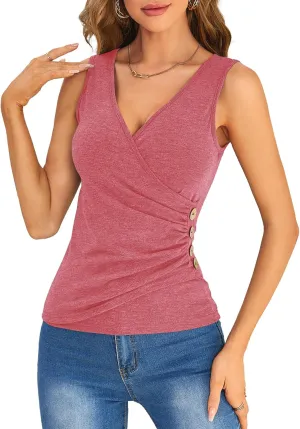 SweatyRocks Women's Wrap Ruched Tank Tops V-Neck Solid Button Design Slim Fit Casual Holiday Summer Tee Tops