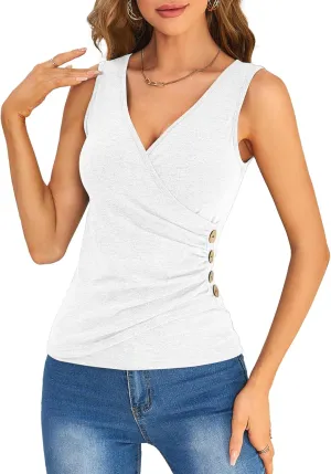 SweatyRocks Women's Wrap Ruched Tank Tops V-Neck Solid Button Design Slim Fit Casual Holiday Summer Tee Tops