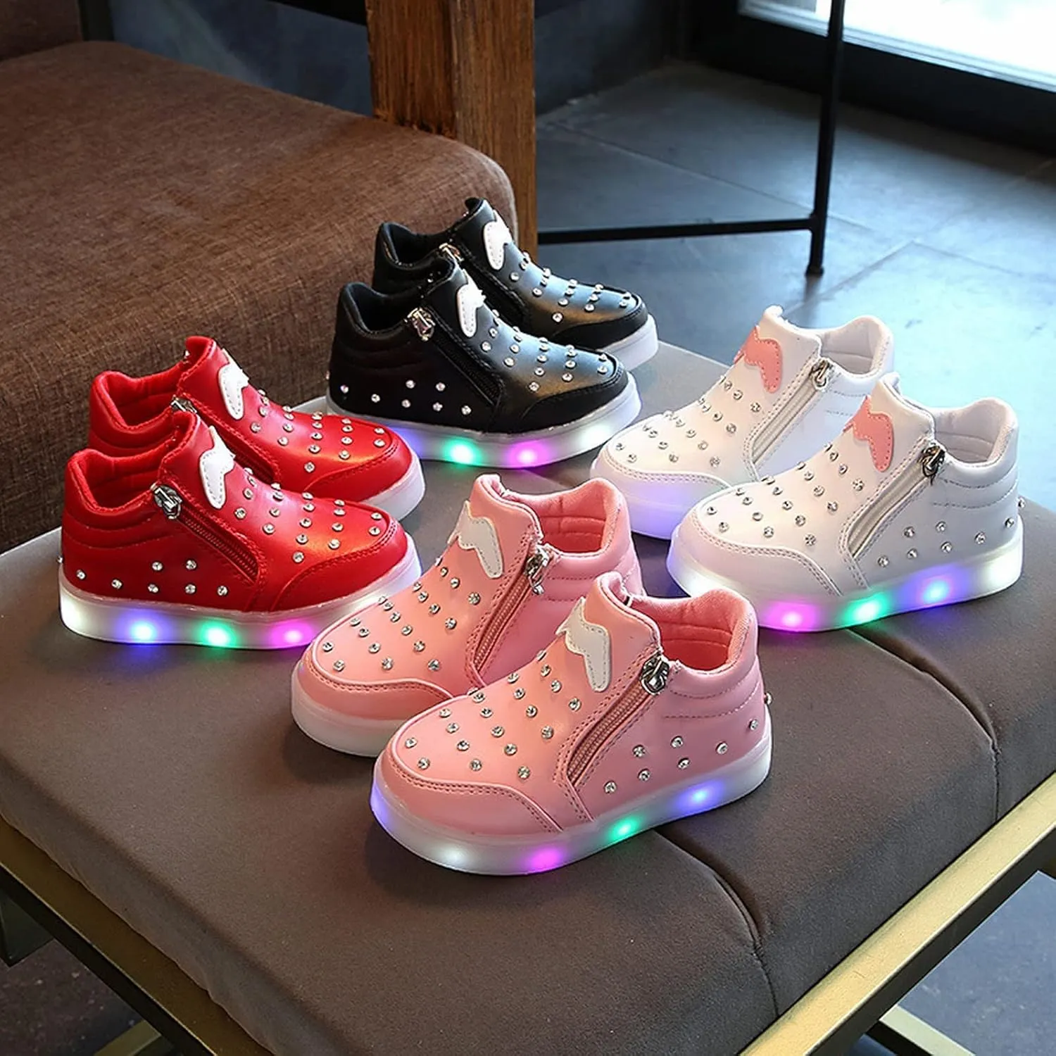 Toddler Little Girls Boys LED Flashing Sneakers Leather Zipper Flat Short Boots Lightweight Sport Shoes for Kids