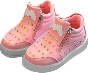 Toddler Little Girls Boys LED Flashing Sneakers Leather Zipper Flat Short Boots Lightweight Sport Shoes for Kids
