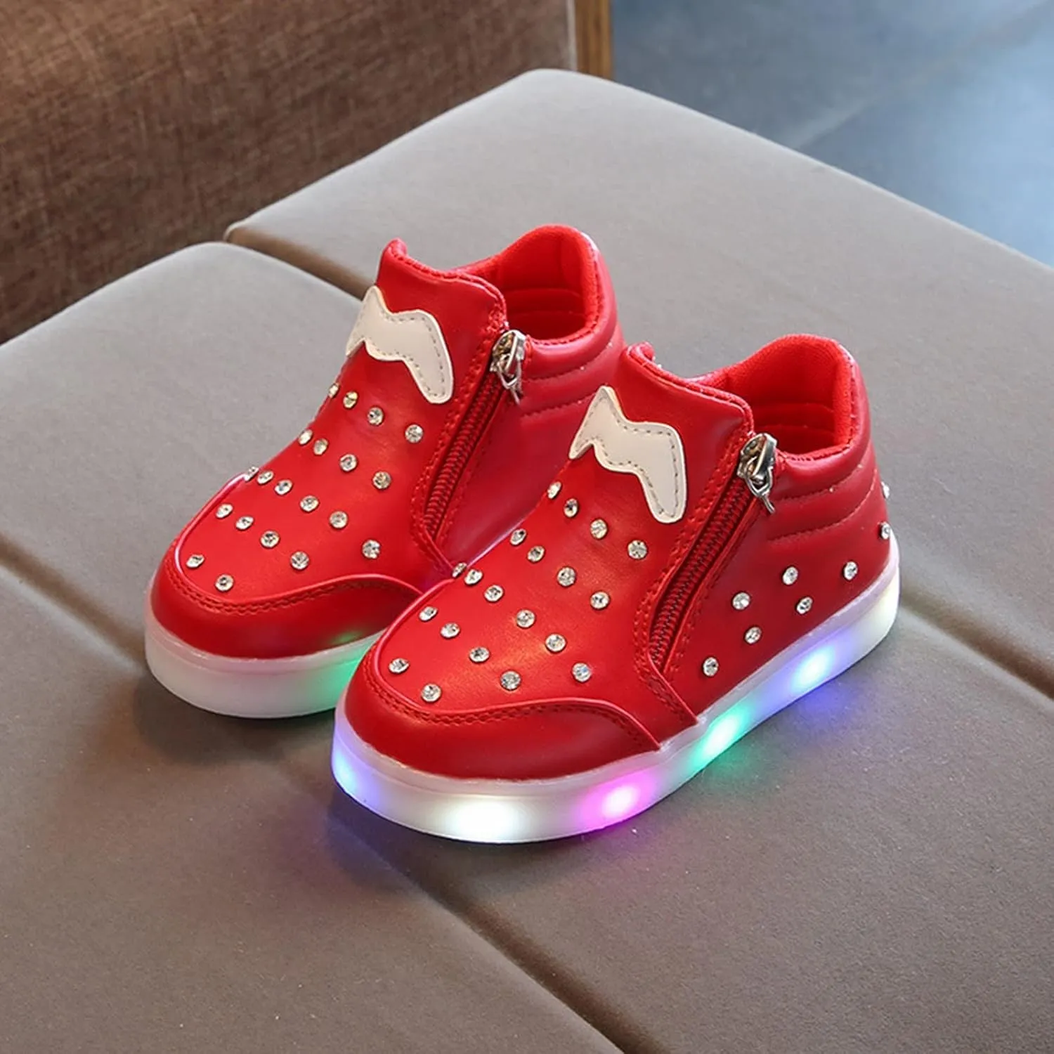 Toddler Little Girls Boys LED Flashing Sneakers Leather Zipper Flat Short Boots Lightweight Sport Shoes for Kids