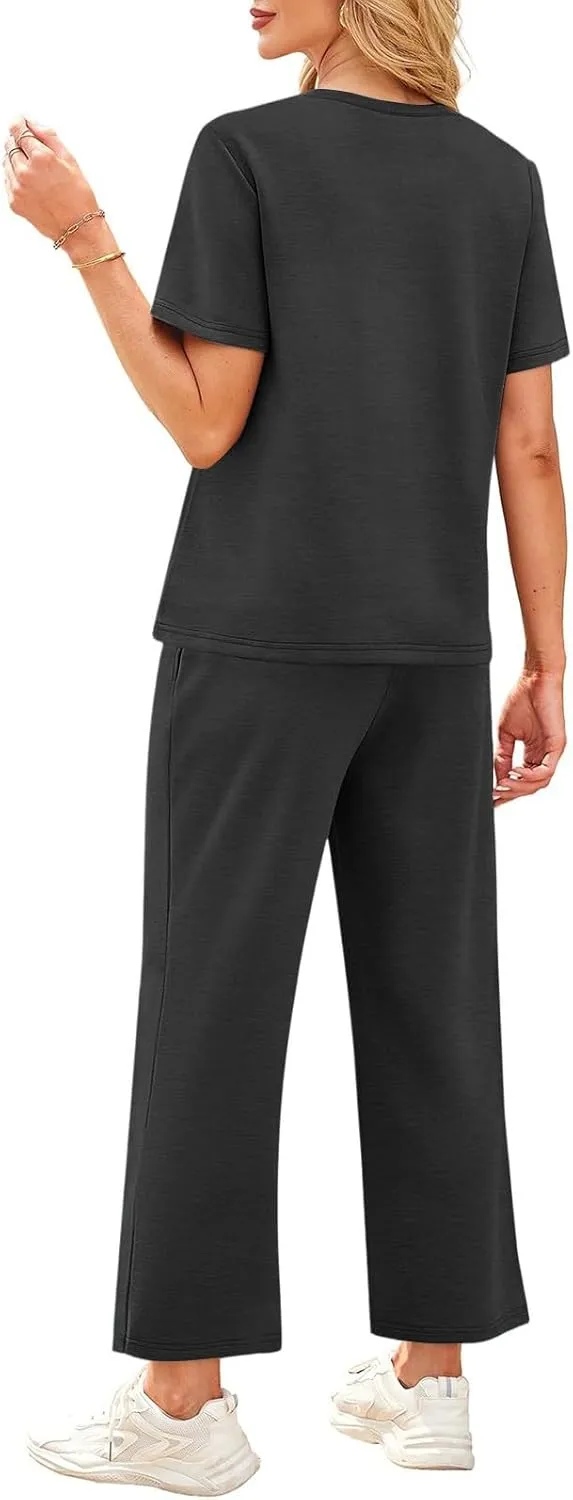Two Piece Sets for Women Fitness Sport Lounge Clothing Short Sleeve Wide Leg Pants Summer Sets Travel 2025 Outfits