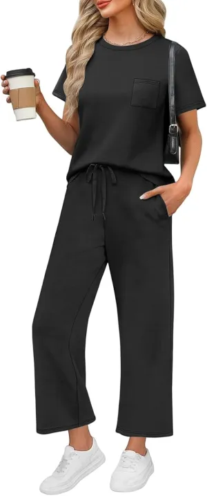 Two Piece Sets for Women Fitness Sport Lounge Clothing Short Sleeve Wide Leg Pants Summer Sets Travel 2025 Outfits