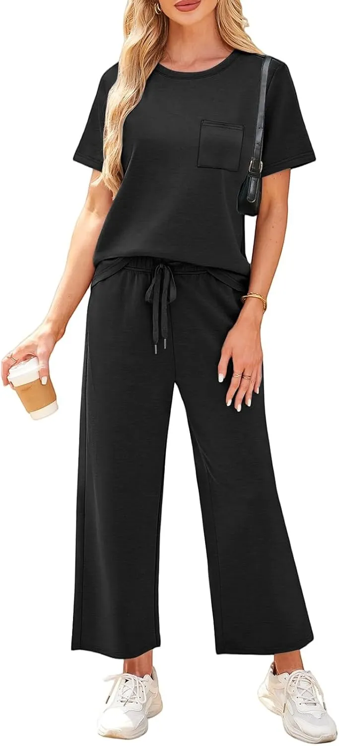 Two Piece Sets for Women Fitness Sport Lounge Clothing Short Sleeve Wide Leg Pants Summer Sets Travel 2025 Outfits