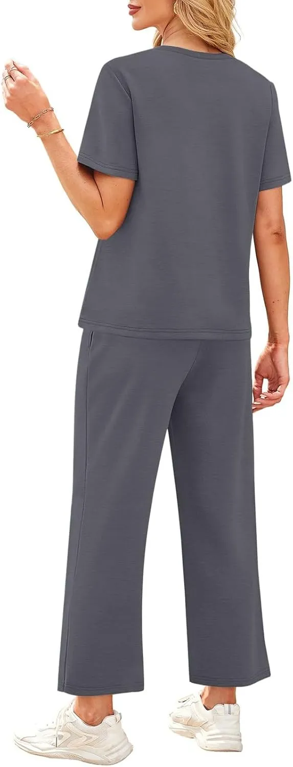 Two Piece Sets for Women Travel 2025 Outfits Fitness Short Sleeve Wide Leg Pants Clothing Summer Sport Lounge Sets