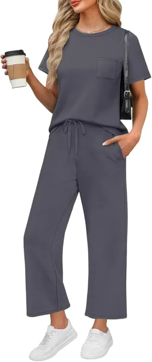 Two Piece Sets for Women Travel 2025 Outfits Fitness Short Sleeve Wide Leg Pants Clothing Summer Sport Lounge Sets