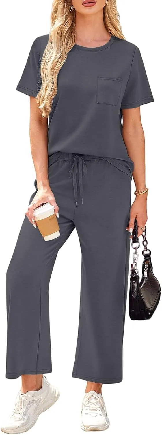 Two Piece Sets for Women Travel 2025 Outfits Fitness Short Sleeve Wide Leg Pants Clothing Summer Sport Lounge Sets