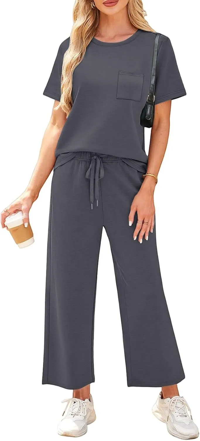 Two Piece Sets for Women Travel 2025 Outfits Fitness Short Sleeve Wide Leg Pants Clothing Summer Sport Lounge Sets