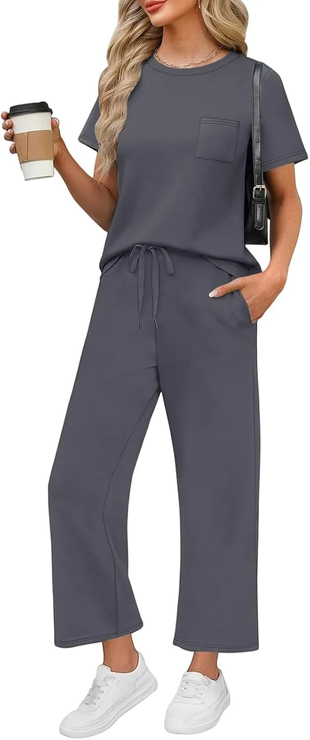 Two Piece Sets for Women Travel 2025 Outfits Fitness Short Sleeve Wide Leg Pants Clothing Summer Sport Lounge Sets