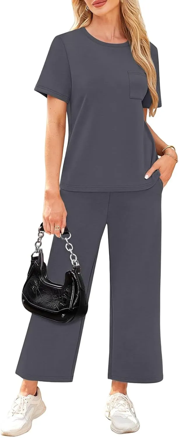 Two Piece Sets for Women Travel 2025 Outfits Fitness Short Sleeve Wide Leg Pants Clothing Summer Sport Lounge Sets