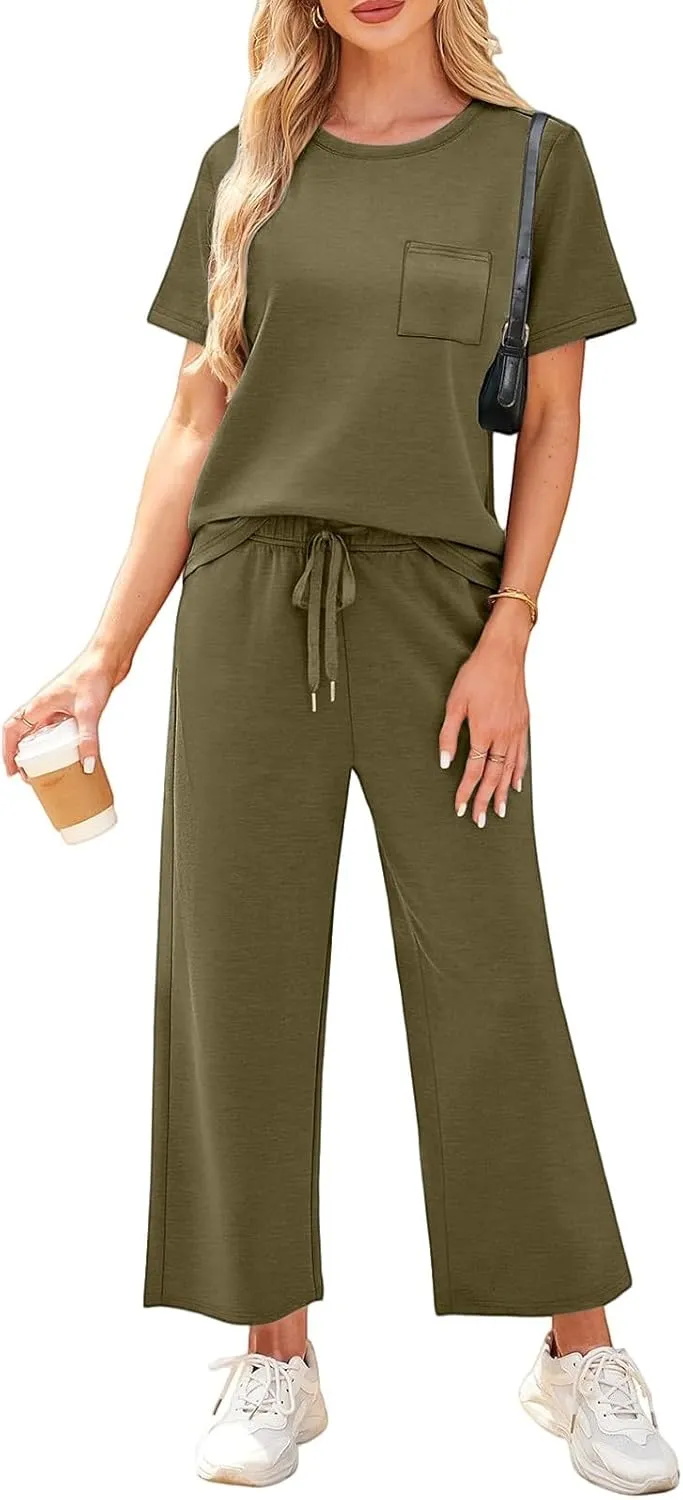Vacation Clothes for Women Fitness Sport Lounge Clothing Travel Short Sleeve Wide Leg Pants Outfits 2025 Summer Sets