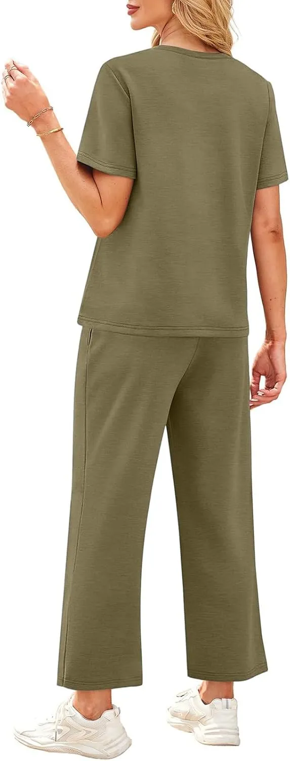 Vacation Clothes for Women Fitness Sport Lounge Clothing Travel Short Sleeve Wide Leg Pants Outfits 2025 Summer Sets
