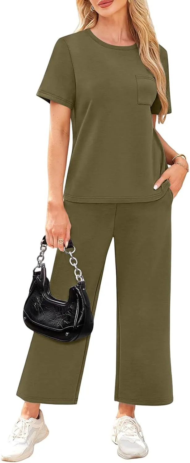 Vacation Clothes for Women Fitness Sport Lounge Clothing Travel Short Sleeve Wide Leg Pants Outfits 2025 Summer Sets