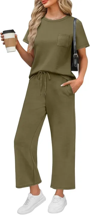Vacation Clothes for Women Fitness Sport Lounge Clothing Travel Short Sleeve Wide Leg Pants Outfits 2025 Summer Sets