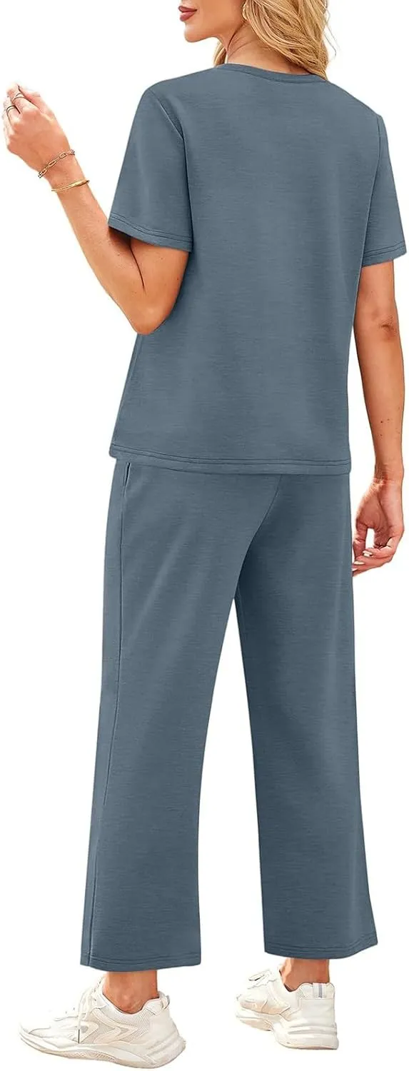 Vacation Clothes for Women Fitness Sport Lounge Clothing Travel Short Sleeve Wide Leg Pants Outfits 2025 Summer Sets