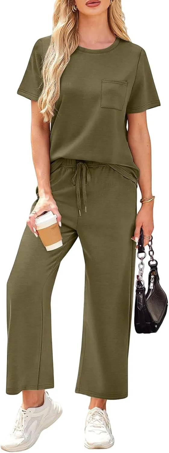 Vacation Clothes for Women Fitness Sport Lounge Clothing Travel Short Sleeve Wide Leg Pants Outfits 2025 Summer Sets