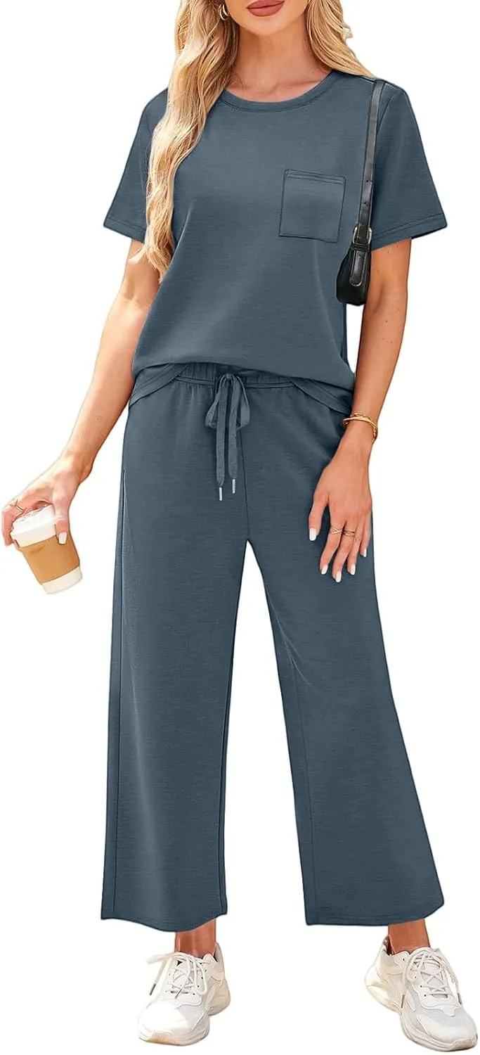 Vacation Clothes for Women Fitness Sport Lounge Clothing Travel Short Sleeve Wide Leg Pants Outfits 2025 Summer Sets