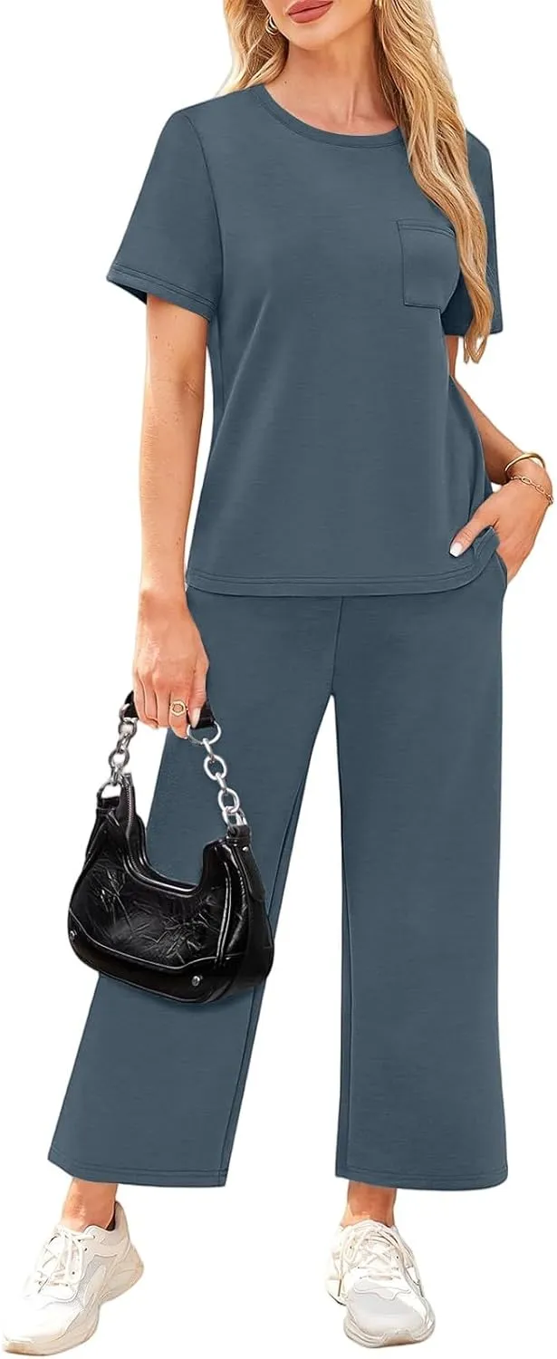 Vacation Clothes for Women Fitness Sport Lounge Clothing Travel Short Sleeve Wide Leg Pants Outfits 2025 Summer Sets