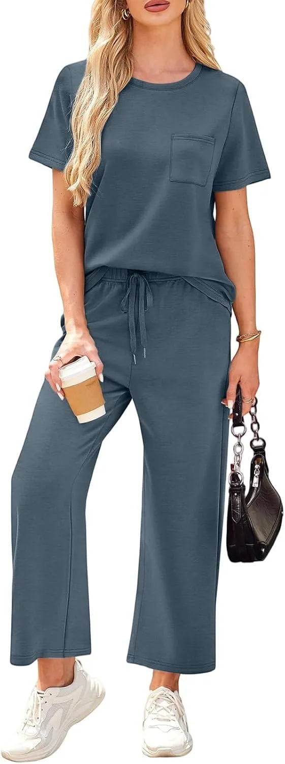 Vacation Clothes for Women Fitness Sport Lounge Clothing Travel Short Sleeve Wide Leg Pants Outfits 2025 Summer Sets