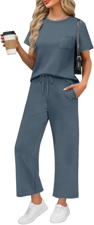 Vacation Clothes for Women Fitness Sport Lounge Clothing Travel Short Sleeve Wide Leg Pants Outfits 2025 Summer Sets